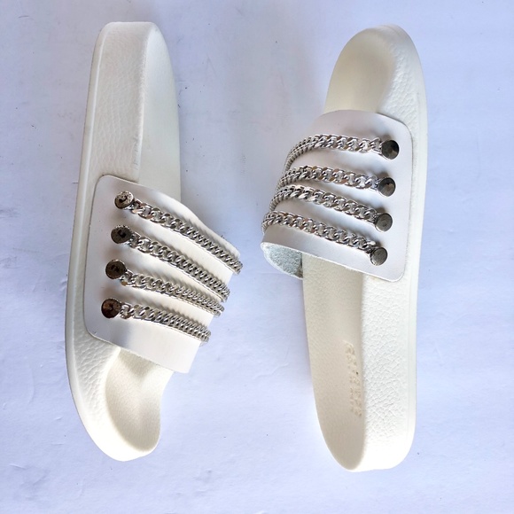 Barney's NY Women's White Chain Leather Slides NEW - Picture 4 of 8